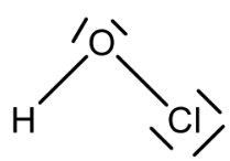 Strukturformel von HOCl (hypochlorige Säure): H-O-Cl mit freien Elektronenpaaren